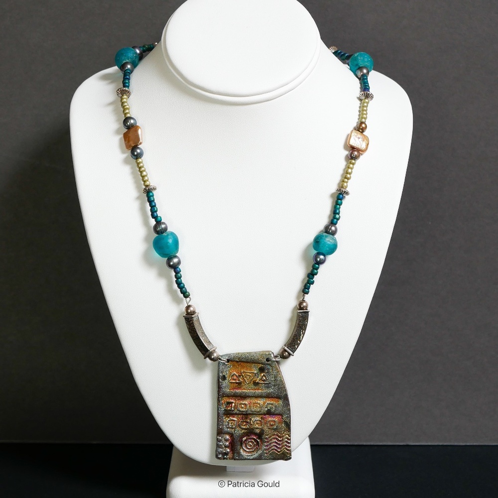 New - N7 - Handmade Raku and recycled glass necklace with pearls - One of a kind